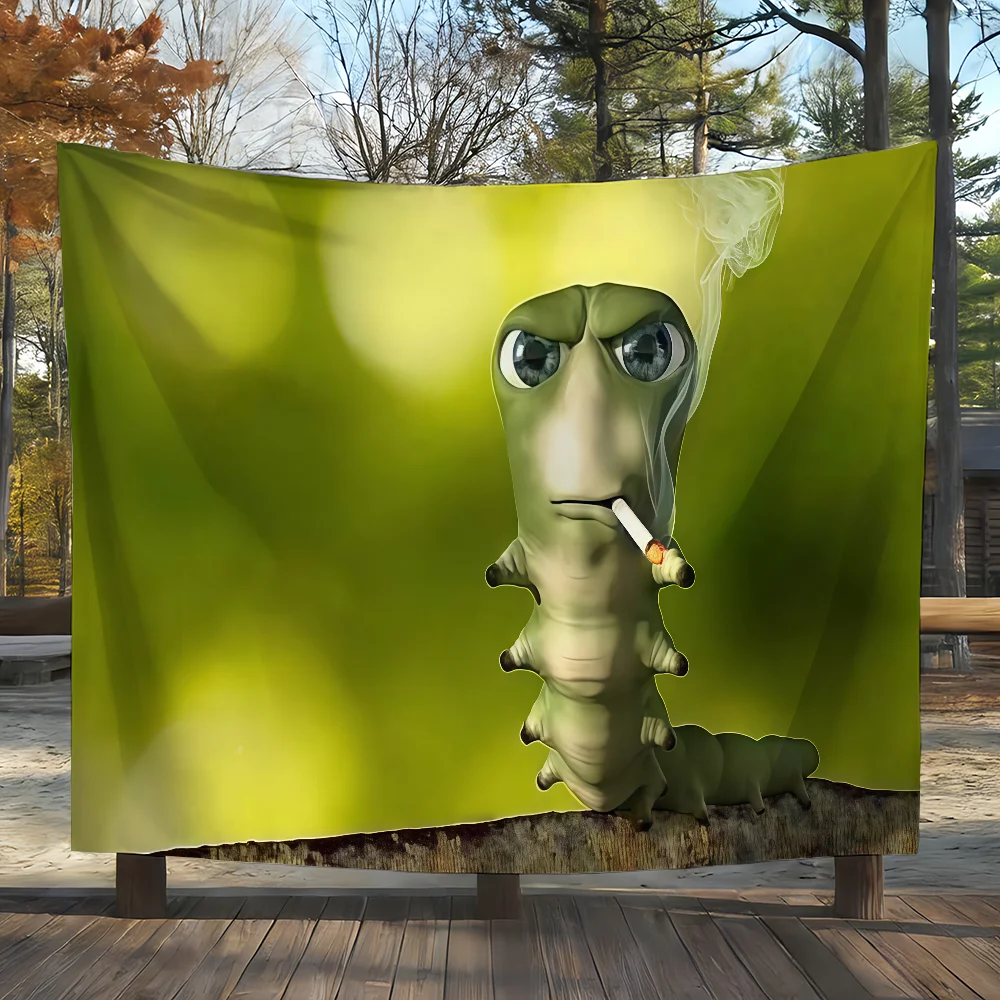 Funny Green Caterpillar Smoking flag Room Decoration Wall Tapestry Hanging Aesthetic Bedrooms Advertising Banner
