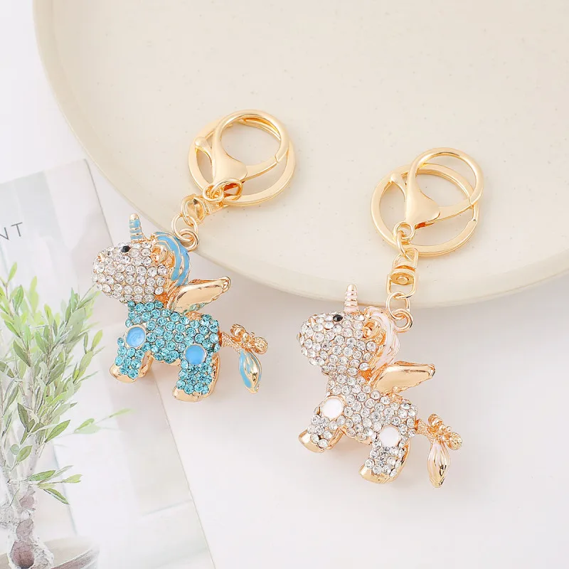 Luxury Kid Gift Unicorn Key Chain Full Rhinestone Women Handbag Pendant Golden Metal Keyring Crystal Jewelry Key Accessories