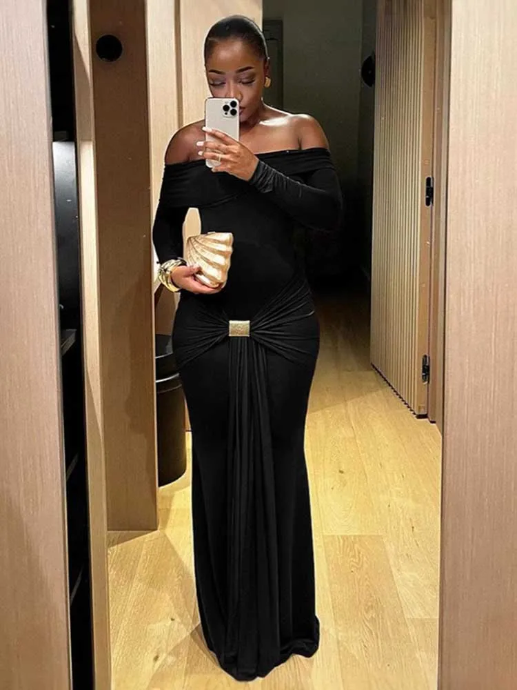 Hot Woman Sexy Dress Slimming Waist Autumn Elegant Chic Bodycon Dress Backless Evening Maxi Dress Off The Shoulder Long Sleeve