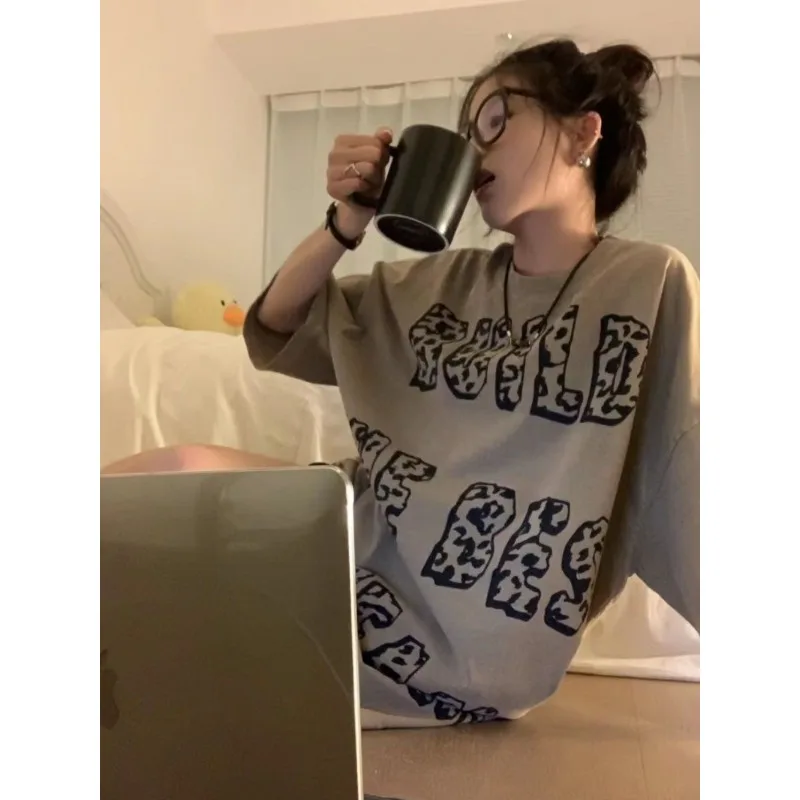 Brief Print Puur Katoen Dames Korte Mouwen T-shirt Amerikaanse Vintage Y2k Vrouw Kleding Modieuze Loose Fit Veelzijdige Tops