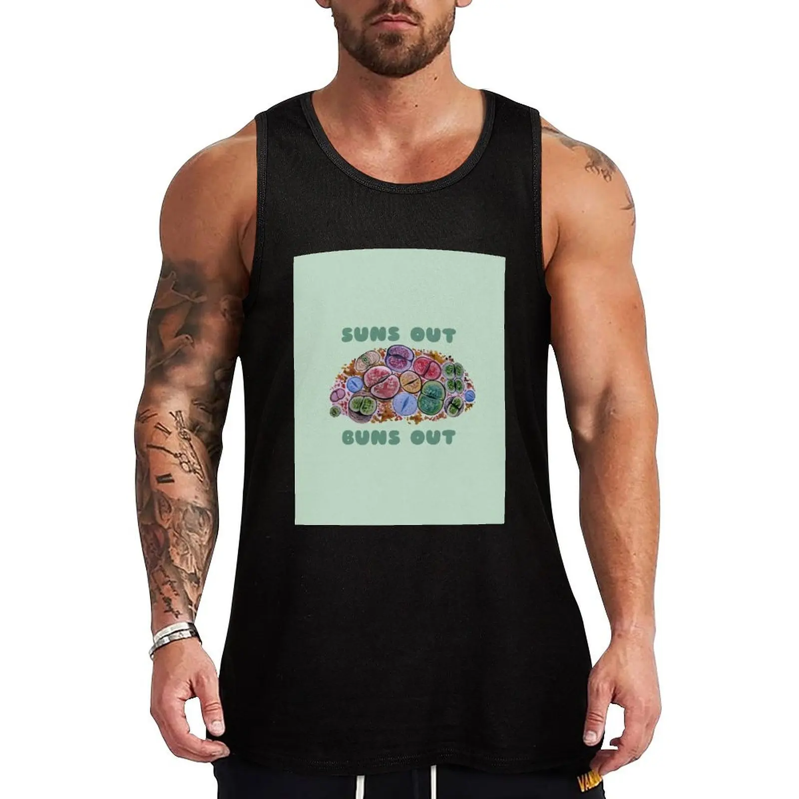 Camiseta sin mangas con estampado de suculentas de Lithops “suns out buns out”, camiseta sin mangas deportiva, ajuste atlético, para gimnasio, entrenamiento, sin mangas