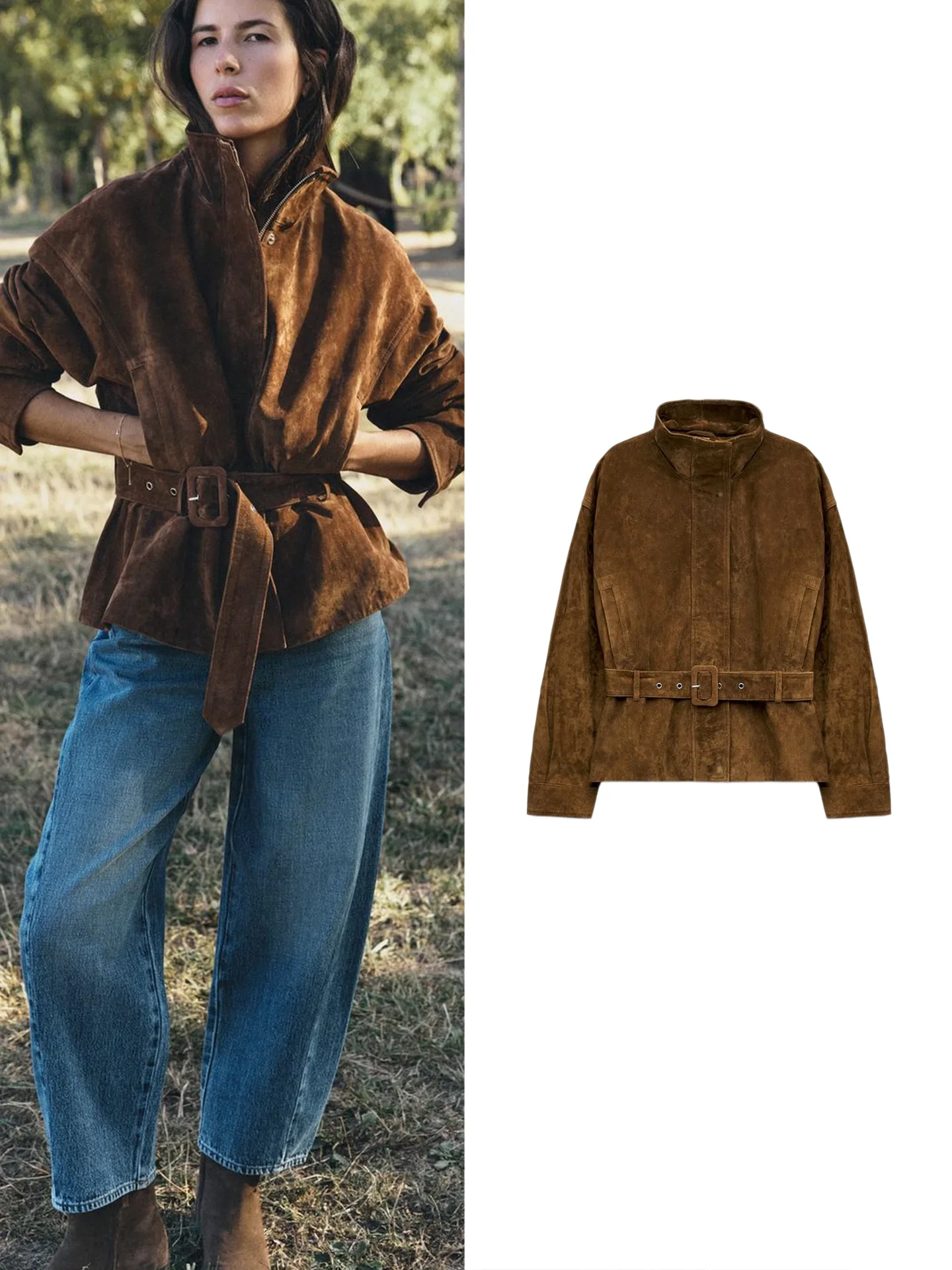 Casual Long Sleeve Stand Collar Jacket with Belt Zipper Style Women's Autumn New Arrival Outerwear Polyester Fiber Short Length