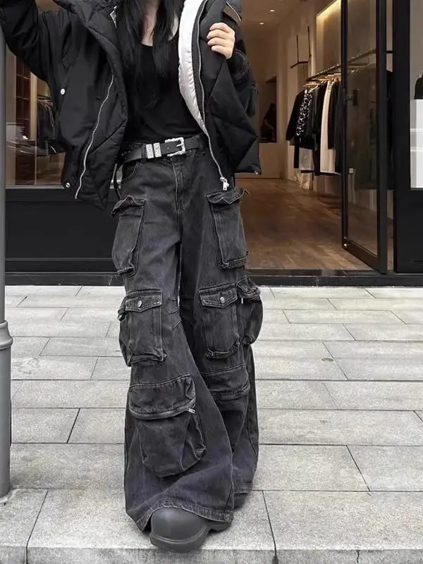 

Retro American Heavyweight Multi-Pocket Design Bell Bottom Denim Jeans Loose Wide Leg Couples Workwear Trousers Trendy