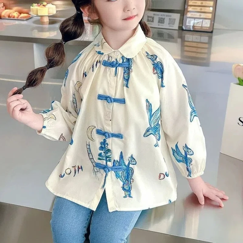 SpringSummer New Fashion Round Neck Long Sleeved Kids Casual Versatile Loose Kawaii Print Children\'s Clothing Baby Girl T-Shirts