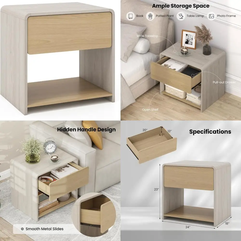 

Modern Wooden Nightstand with Drawer and Open Shelf, Storage Bedside Table for Small Spaces, Accent End Table with Curved Design