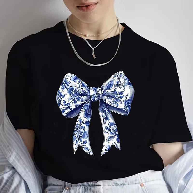 Vintage Bow Women Summer Print T-shirt Girl Casual Short Sleeve O Neck Top for Summer Female 90s Clothing