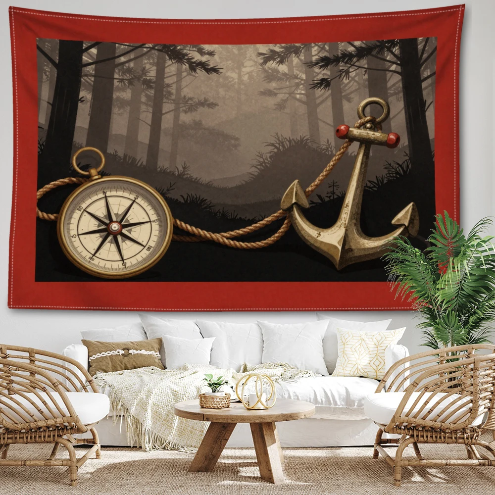 Red Misty Forest Compass Anchor Wall Tapestry, Vintage Boho Decor