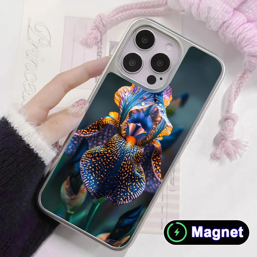

Aesthetic Iris Flower Phone Case for iPhone 17 16 15 14 13 12 11 Air Pro Max Plus Electroplated Silver Magnet Cover