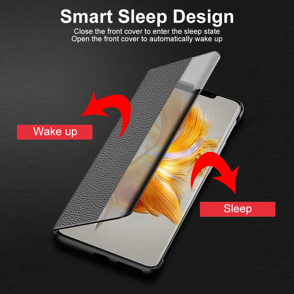 Genuine Leather Flip Cover For Huawei Mate 50 Pro Case Original Mirror Smart Touch View Wake Sleep Up Protection