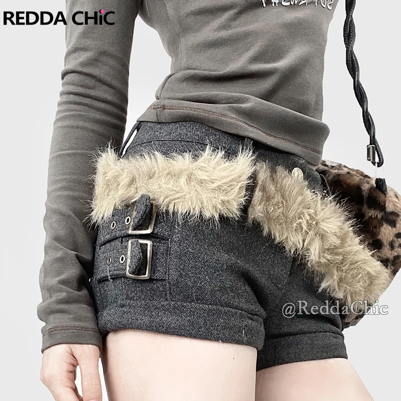 REDDACHiC Winter Tweed Low Waist Shorts for Women Retro Plush Belt Dual-loop Buckle Belt Slim Bootypants Acubi Fashion Bottoms