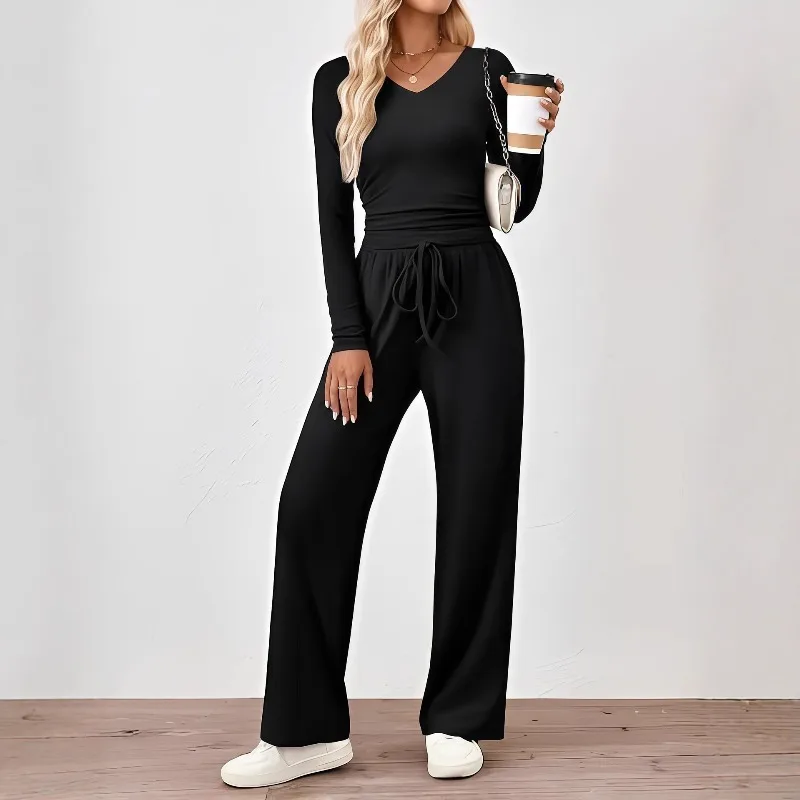 

2025 Solid Color Casual Slim Pants Sets For Women Elegant Autumn Women's Two Pieces Suit Full Trouser Set Female Outfit Clothes