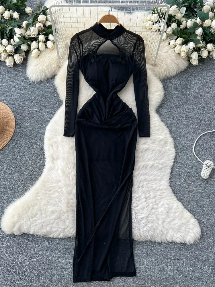 

Sexy Chinese Sle Women's Dr Hollow out Long Sve High Waist A-Line Skirt Me Fabric Floor Length Ci Commute Dr