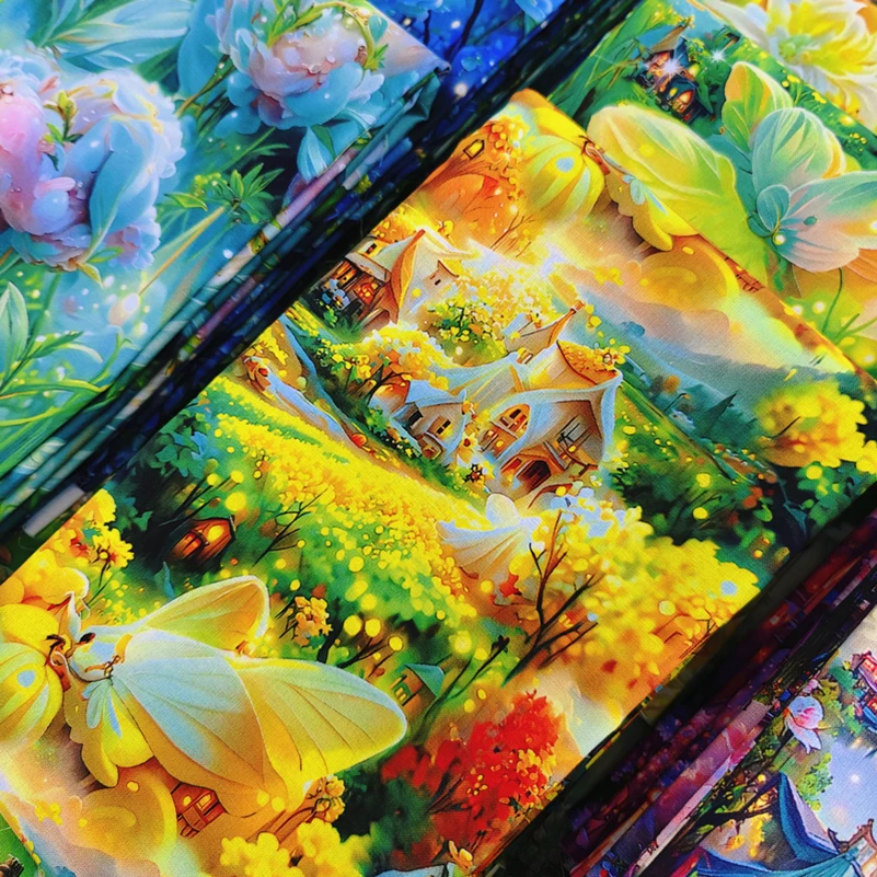 Flowers Floral Fabric Cotton Digital Printing HD 3D Fantasy Wonderland for DIY Handmade by Half Meter