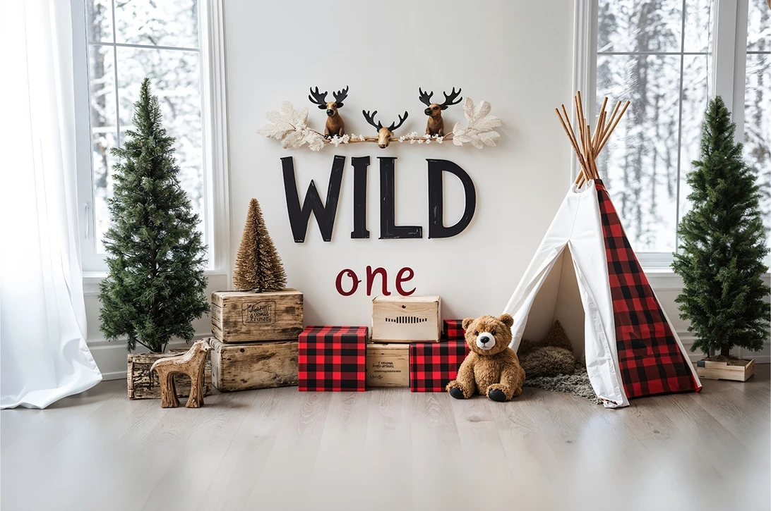 Wild One 1er cumpleaños ventana árbol de Navidad oso tienda de fondo impresión por ordenador bebé recién nacido fotografía estudio fondos