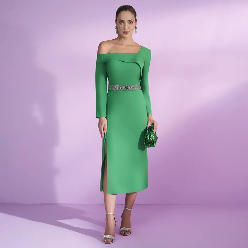 Green Wedding Guest Dresses for Women One Shoulder Long Sleeves Short Party Dress Tea Length Sheath/Column Cocktail Gowns 2024