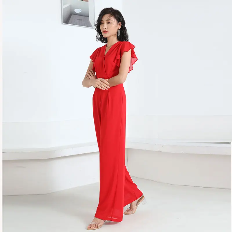 Fashion Commuter Chiffon Jumpsuit Women 2024 Summer New High Waist V-neck Slim Fit Wide Leg Temperament Lady One-Piece Trousers