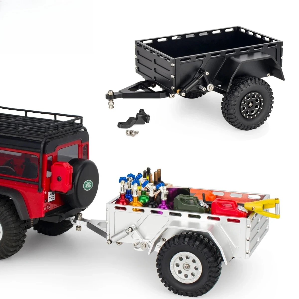 Aluminum TRX4M Utility Trailer with Hitch Mount for 1/18 RC Crawler TRX4-M Defender Bronco K10 High Trail Scale Upgrade