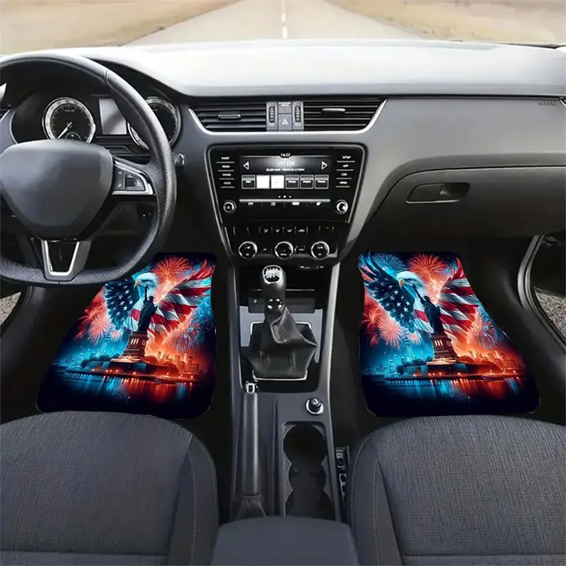 4pcs American Flag Eagle Car Floor Mats Set - Crystal Velvet Anti-Slip All-Weather Fit With Red White Blue Patriotic Design, Ful