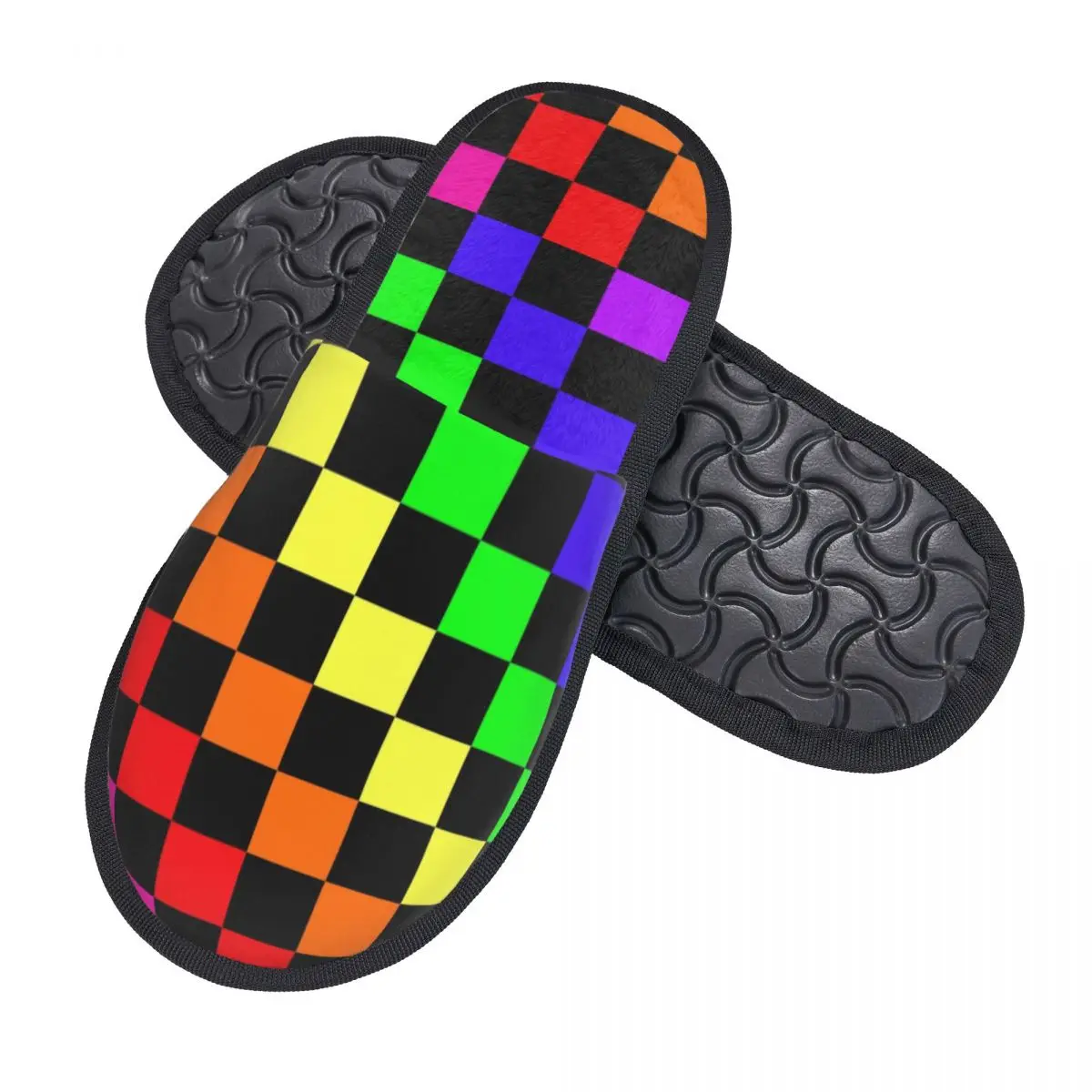 Custom Black Rainbow Checkerboard Pattern Soft Memory Foam House Slippers Women Tartan Cozy Warm Anti-Skid Slipper