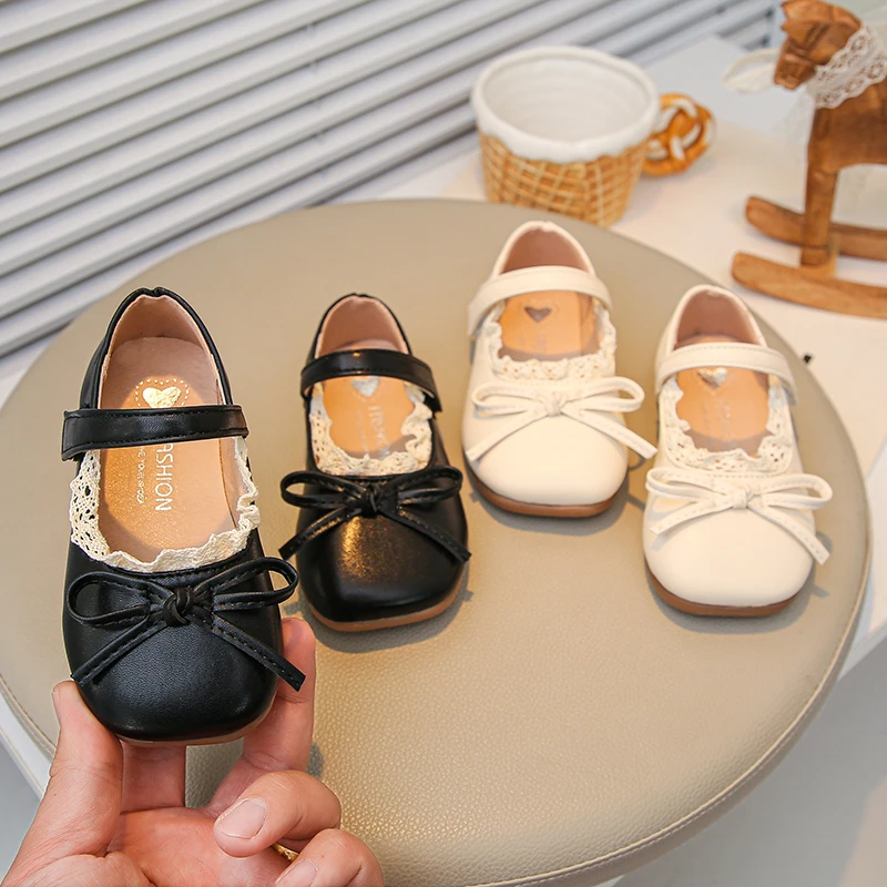 

Summer Girl's Mary Janes Bowknot Lace Sweet Cute Kid's Flat Shoe Solid Colors Soft Sole Daily Trendy Children Mary Janes 4-6Y