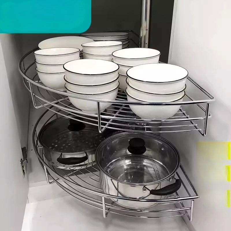 Kitchen Cabinet Corner Basket Turntable Storage Little Monster Double-layer Linkage Stainless Steel Corner Shelf