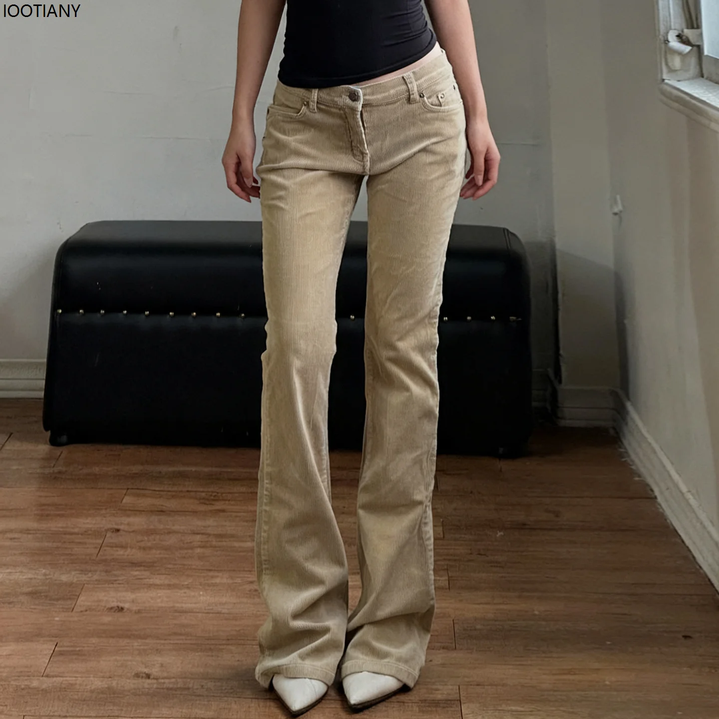 

Winter American-style Khaki Vintage-chic Corduroy Slightly Flared Low-rise Pant Women's Slim-fit Flattering Flare Casual Trouser