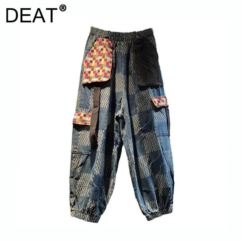 DEAT Women's Denim Pants Jacquard Plaid Loose Pockets Elastic Waist Ankle-Length Harem Jeans 2024 New Fashion Autumn 11A01636