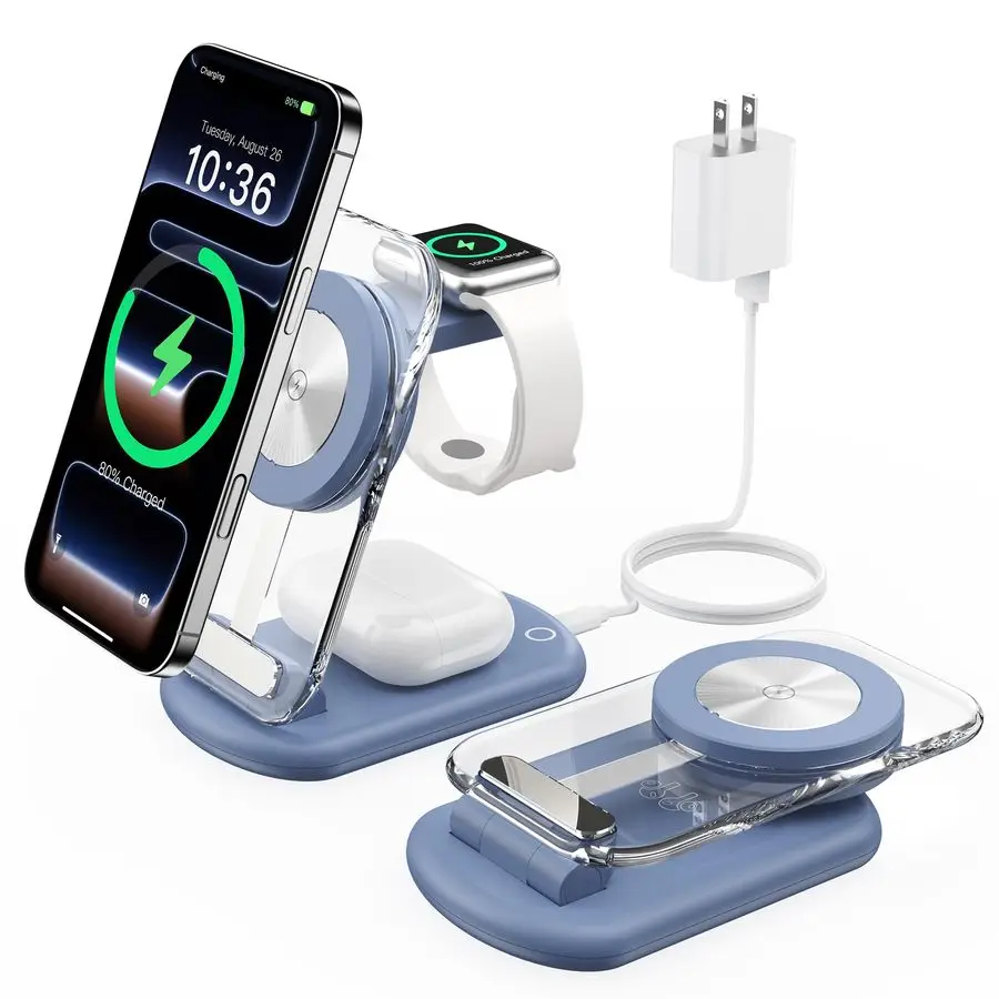 

in 1 Magnetic Wireless Charging Station for Apple Devices, Fast Foldable Travel MagSafe Charger Stand with Night Light for iPhon