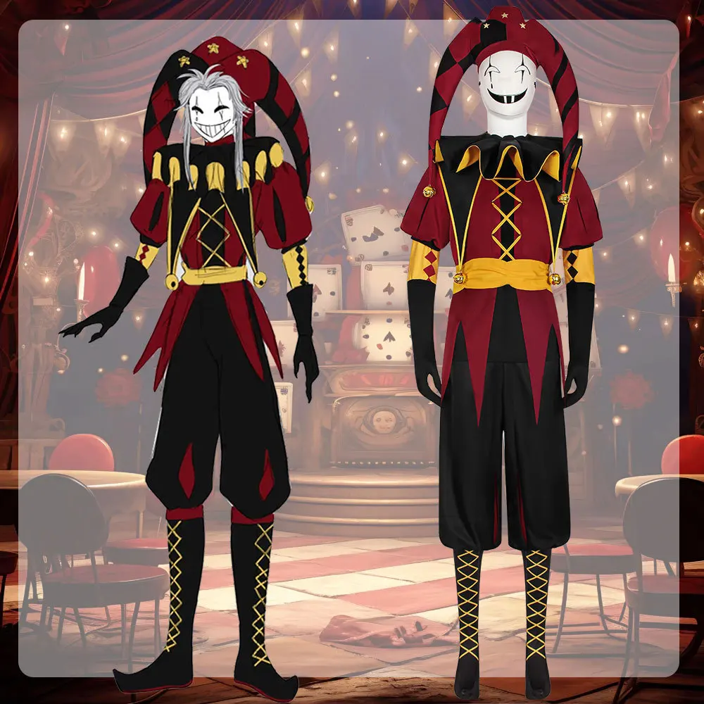 De Freak Circus Pierrot Harle Cosplay Outfit Kostuums Spel Clown Schoenen Uniformen Halloween Eng Rollenspel Kleding Expo Masker Hoed