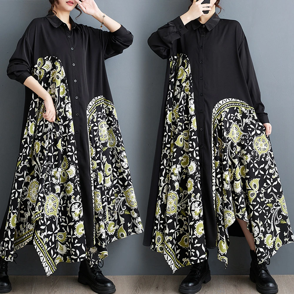 NYFS 2024 Spring New Korea Woman Dress Vestidos Robe Elbise Loose Plus Size Irregular Patchwork Print Short Sleeve Shirt Dresses