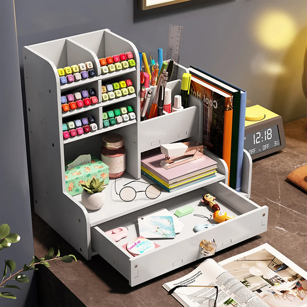 

Household Desk Organiser With Drawer Large Capacity Pen Holder Multi-Functional Desktop Storage For Marker/Pencil/Art Supply