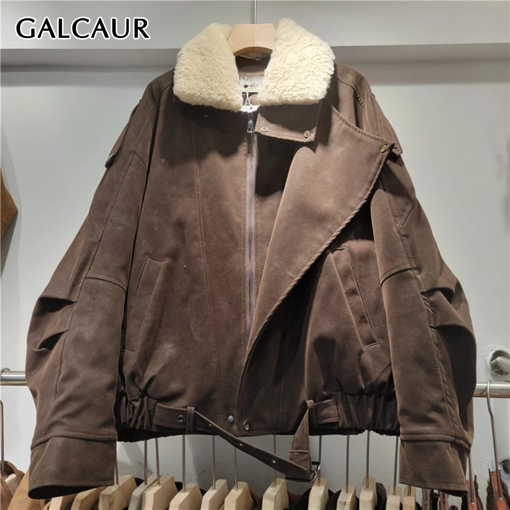 

GALCAUR Solid Spliced Drawstring Design Jacket Female Lapel Long Sleeve Loose American Retro Women's Jackets Autumn Fashion New