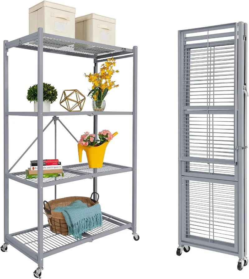 R5 Foldable 4-Tier Garage Shelving Heavy Duty Shelving with Wheels, Metal Storage Rack Holds 1000 pounds, Garage Storage