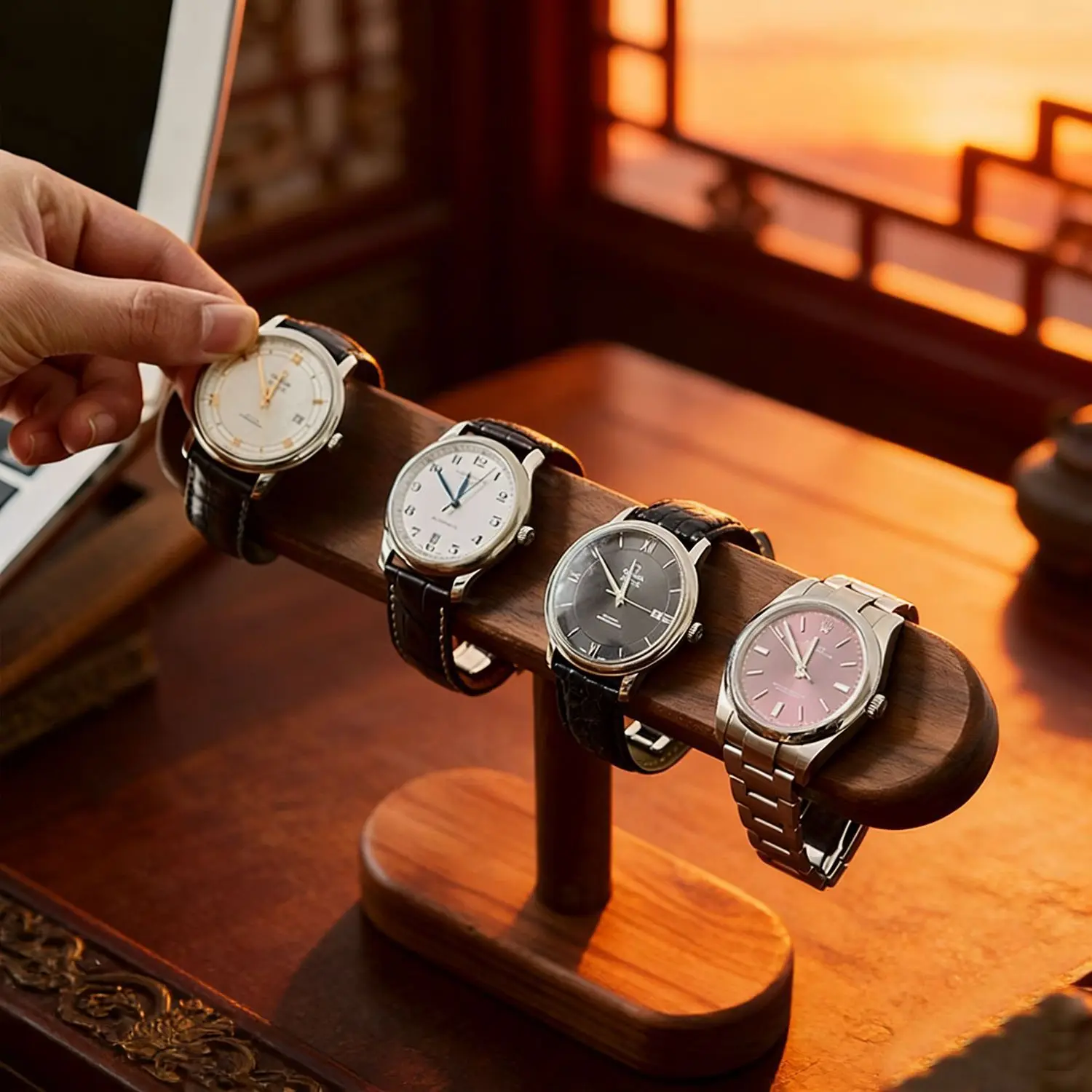 Solid Wood Watch Display Stand, T-Bar Jewelry Organizer for Bracelets/Necklaces, 4-Layer Countertop Holder for Home/Shop