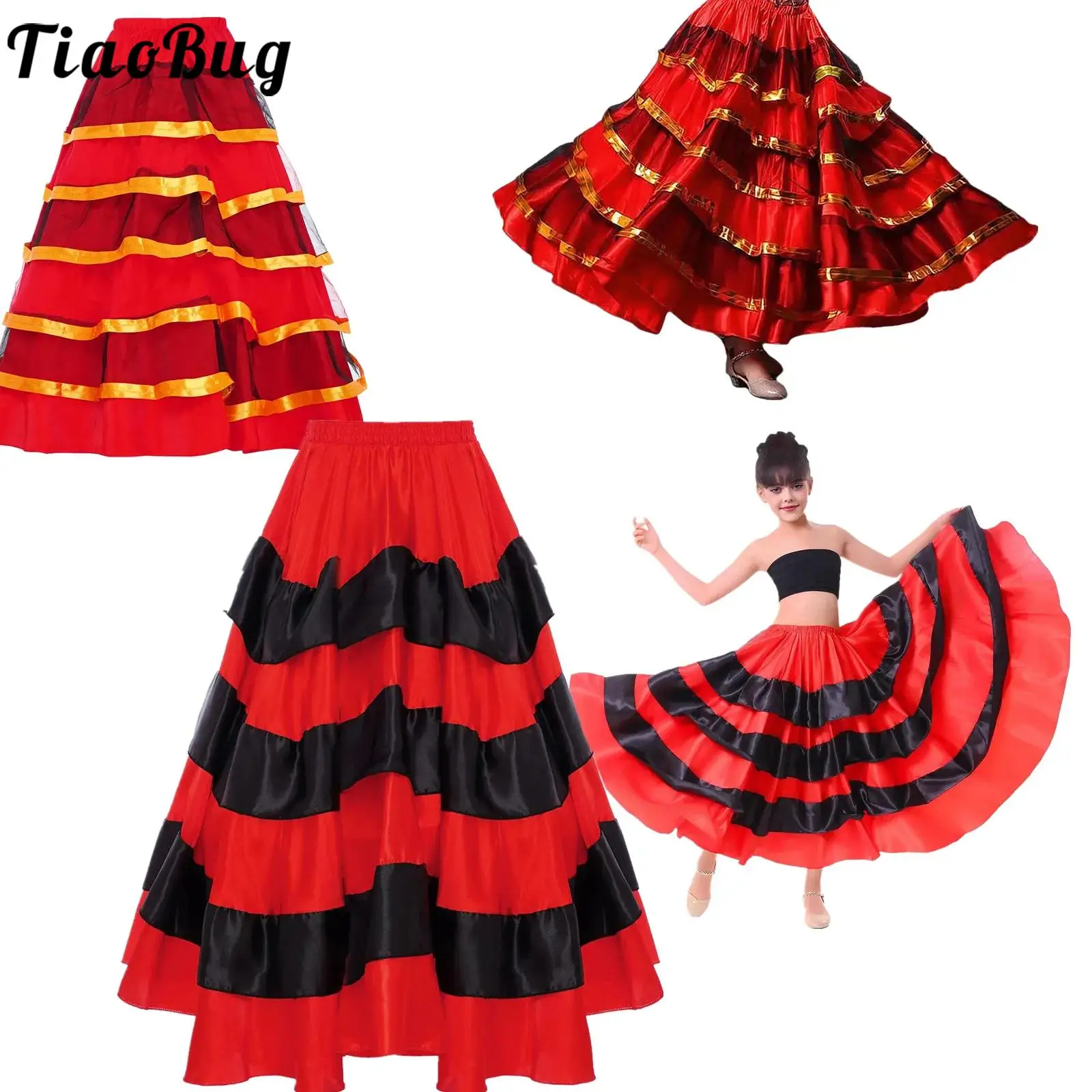 Kids Girls Gypsy Girl Spanish Flamenco Skirts Striped Satin Silk Big Swing Red Long Skirt Team Performance Ballroom Belly Dance