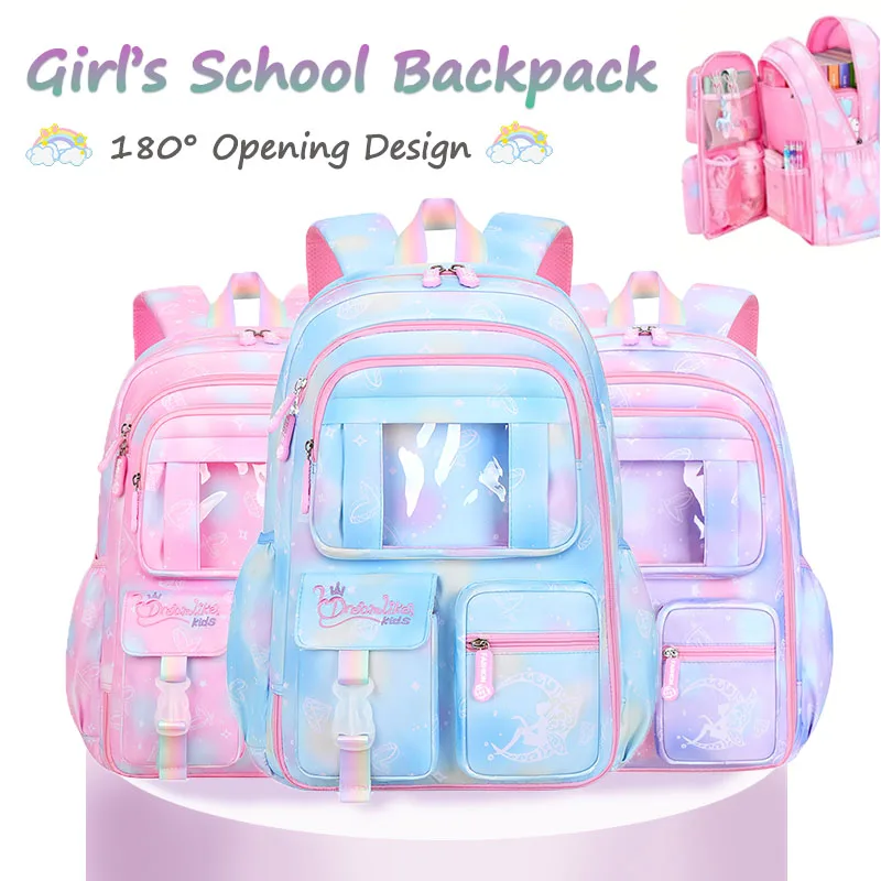 School Backpacks for Girls Child Cute Candy Color Shoulder Bag with Large Capacity Side-Open Backpack