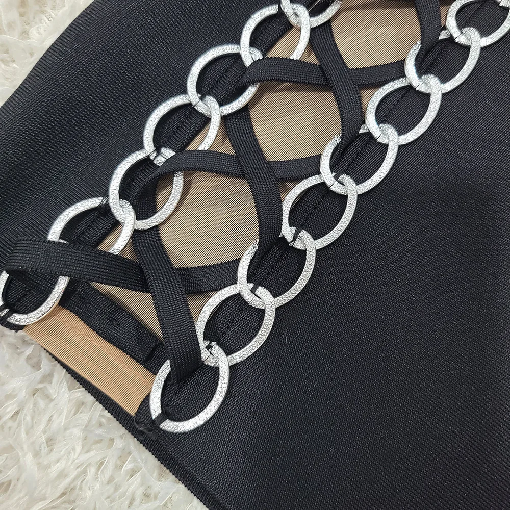 여성 체인 트림 메쉬 컷아웃 터틀넥 긴팔 리본 사이드 숏 블랙 드레스 럭셔리 이브닝 파티 클럽 웨딩 게스트 드레스