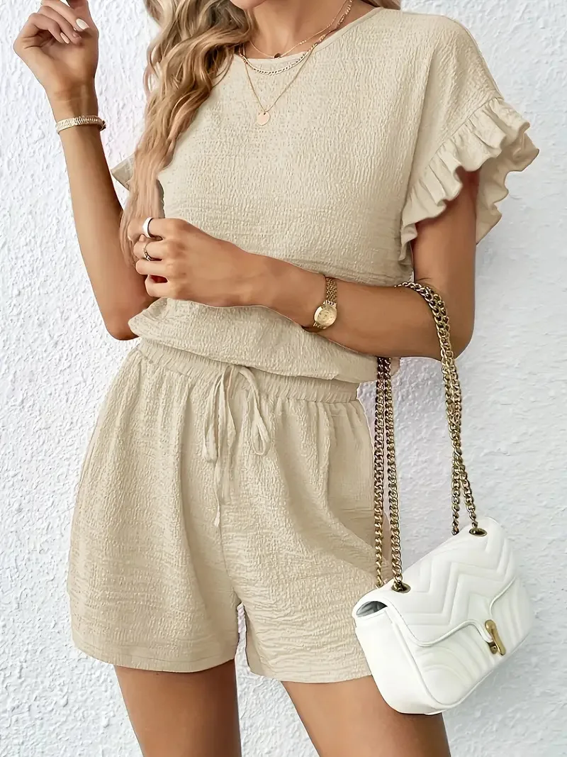Women's Vacation Fashion Casual Shorts Suit Solid Summer Shorts And Top Two Piece Sets Fashion Fold Texture Outfit Woman Clothes