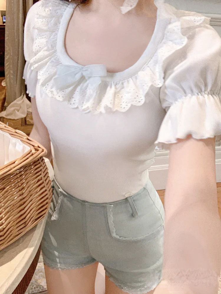 Summer Lace Slim Lolita Kawaii T-Shirts Women Blue White Japanese Sweet Cute Blouse Female Puff Sleeve Korean Style Clothes 2023