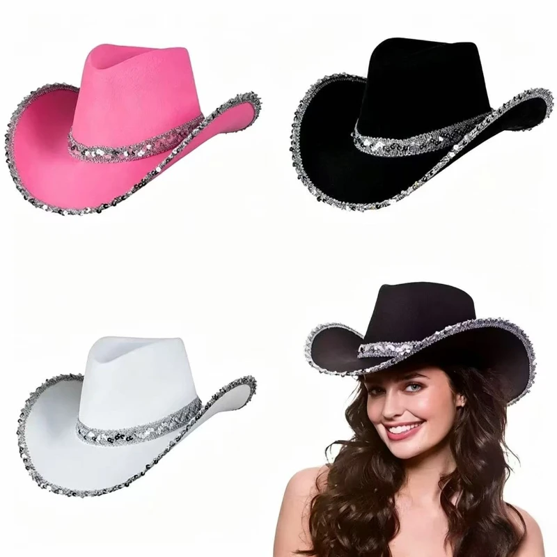 

Women's Sequined Cowboy Hat, Western Sparkly Cowgirl Felt Hat with Chin Strap, Wide Brim Jazz Hat for Party, Festival, Cosplay