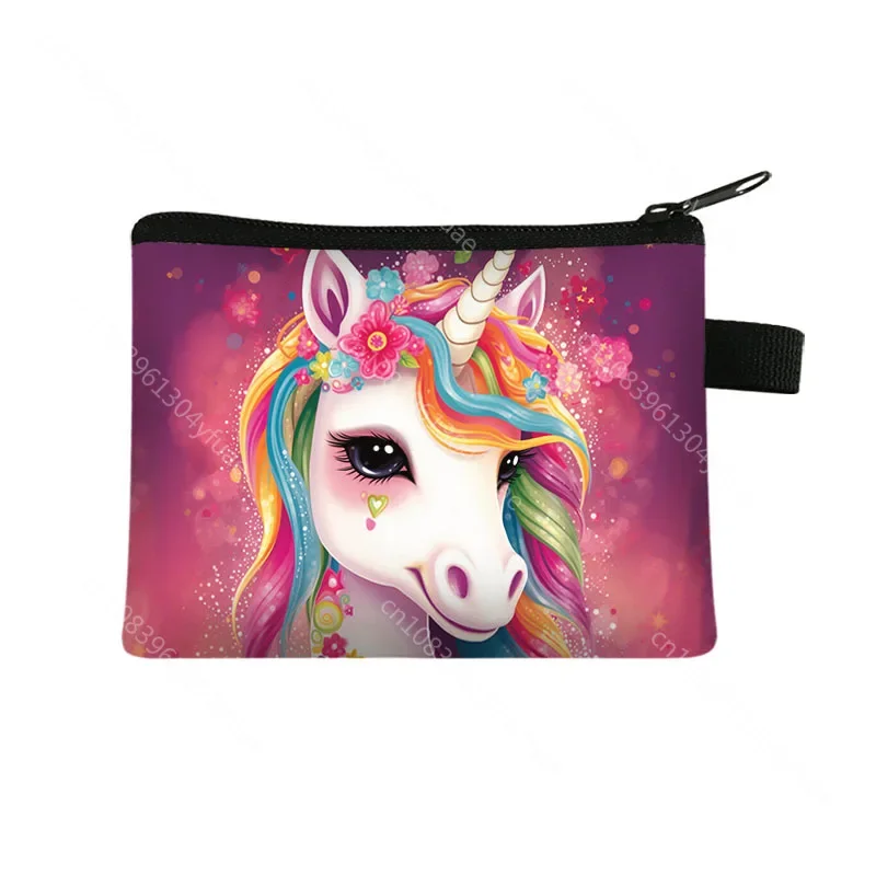 Monederos con estampado de unicornio de dibujos animados para niña, monedero colorido de arcoíris de fantasía, llaves Kawaii, tarjetero, billetera pequeña, regalo