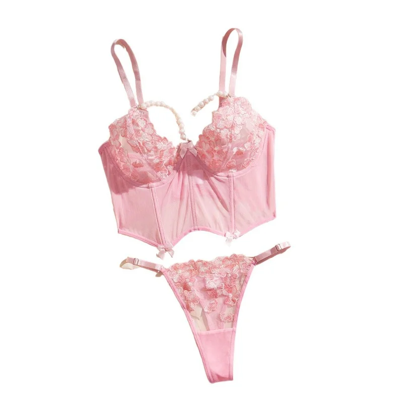 Bikini lingerie with lace floral embroidery, pearl chain, and thin sexy design for women