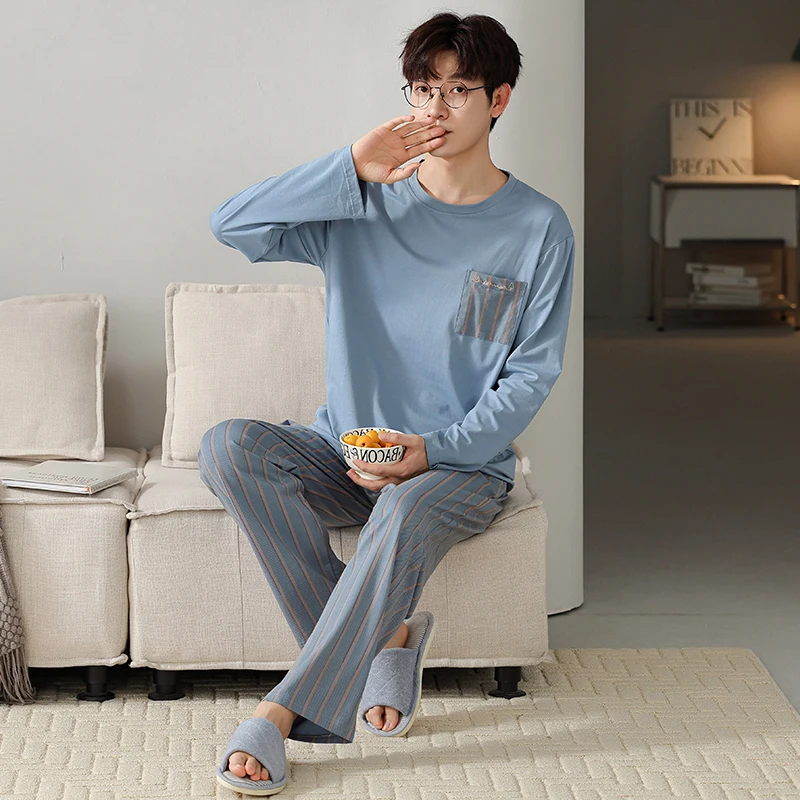 Men Pajamas Set Round Neck Long Sleeves Long Pants Autumn Winter Simple Sleepwear Casual Pyjamas Cozy Pijamas Boy Nighty Male Pj