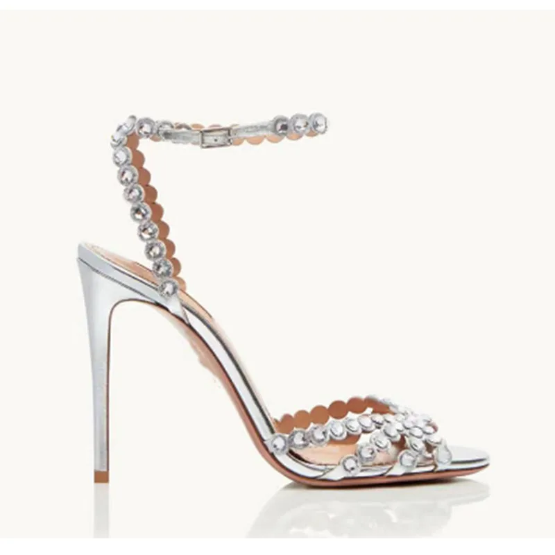 

Sexy Rhinestone Straight Strap Slim Heel Sandals for Women European and American Oversized High Heels for Women Foreign Trade