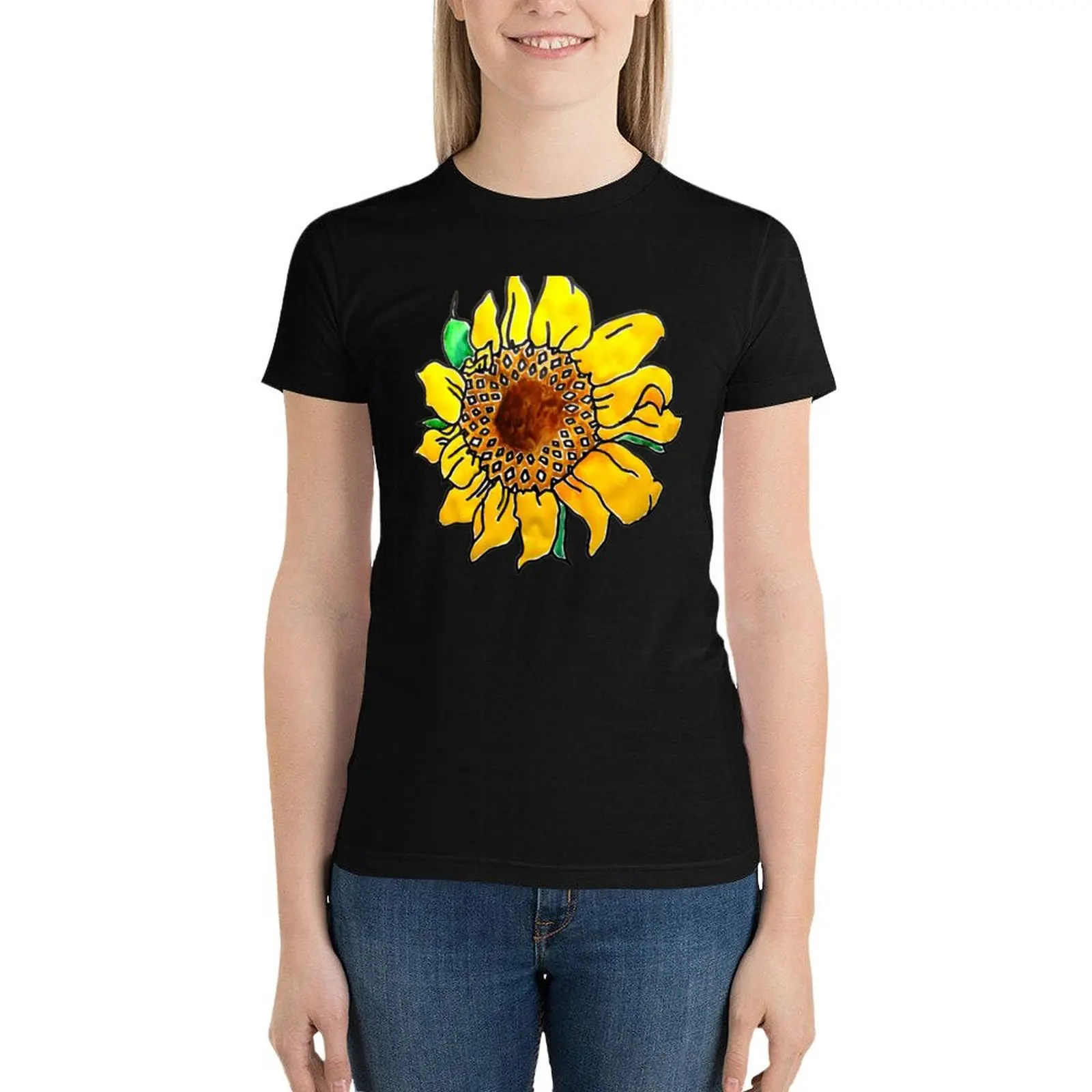 

Painted Sunflower T-Shirt hippie clothes plus size tops t-shirts for Women cotton