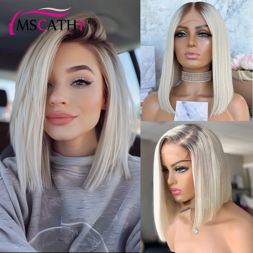 

200% Short Bob Glueless Human Hair Pearl Platinum Blonde Wig Bleached Knots Transparent Pixie Cut Ombre 5X5 Lace Closure Wigs