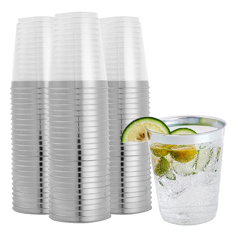 50/100pcs 10 Oz Gold Plastic Cup with Gold Border Disposable Cup Party Disposable Thicken Plastic Cup Birthday Wedding Supplies image 3
