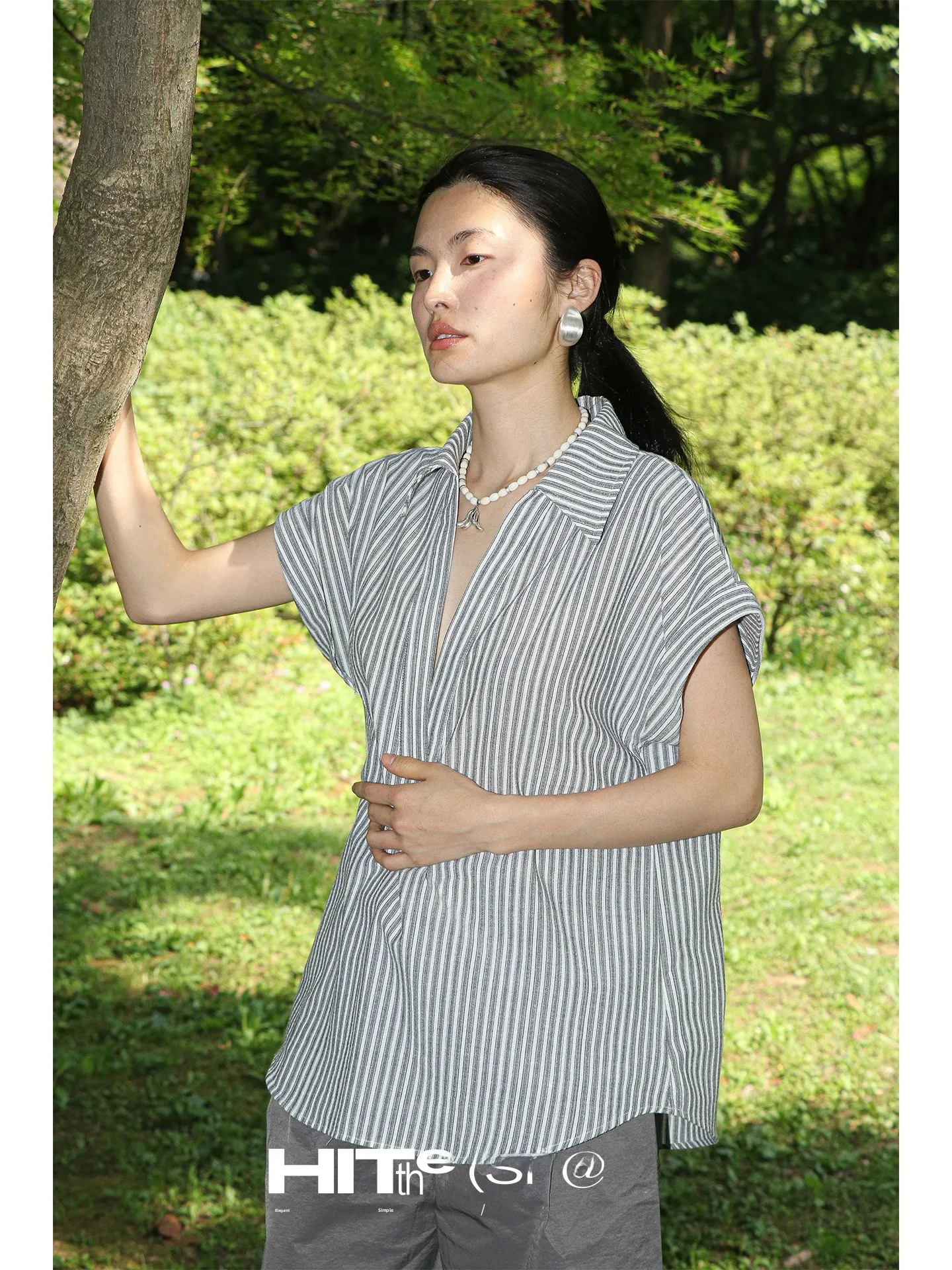 

Женская рубашка из чистого хлопка в полоску с воротником, короткий рукав, деловой повседневный стиль, летняя, с защитой от УФ-излучения