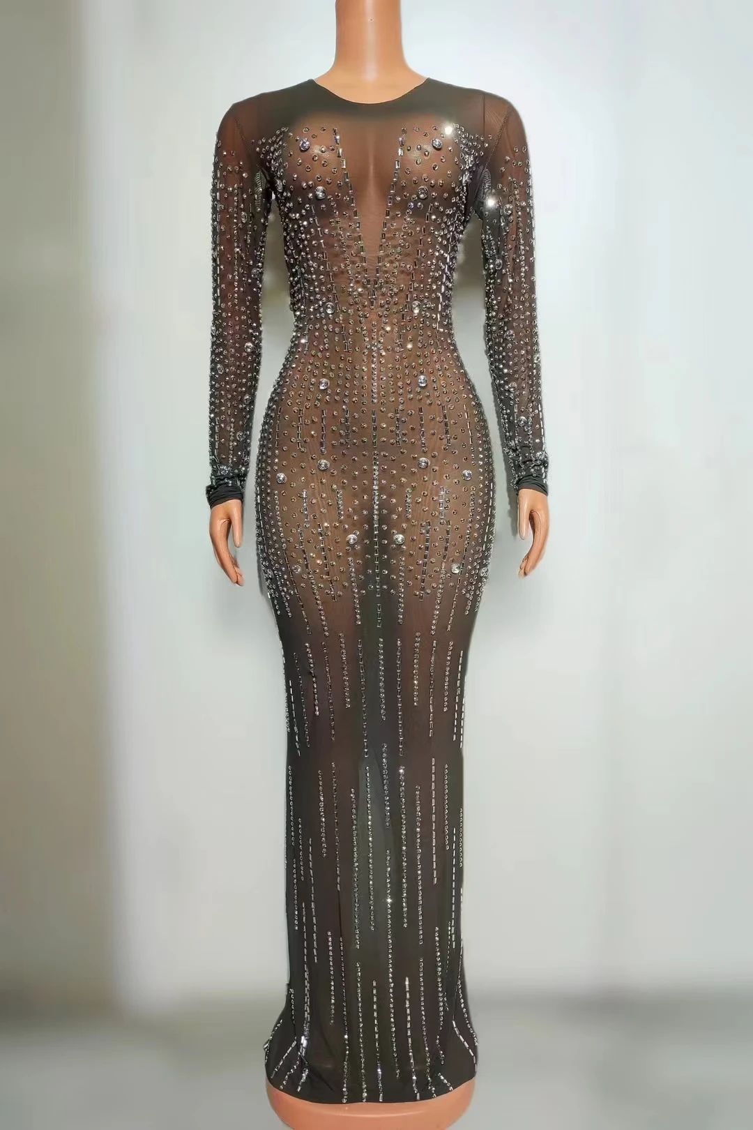 Sexy See Through Stretch Mesh Women EveningParty Dress Luxury Rhinestone Show Sing DanceDresses Drag Queen Stage Costume A669