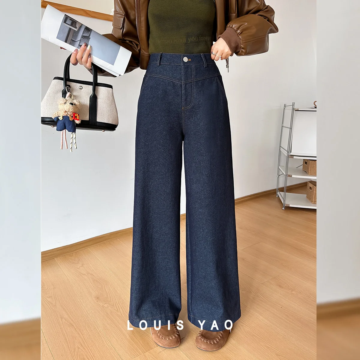 

LOUIS YAO Fleece-Lined Thick Straight Leg Pants 2026 Autumn/Winter High-Quality Denim Style Jeans Long Women's Jeans